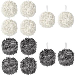 12-Pack Chenille Fuzzy Ball Hand Towels, 7.1 Inch Soft Absorbent Microfiber Towels, Quick-Dry Cleaning Cloths for Kitchen, Home, Bathroom, Hanging Towels(6 White & 6 Grey)