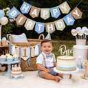DCJHFJ Felt Khaki Blue Happy Birthday High Chair Banner Pre-Strung Birthday Hanging Decoration for 1st Birthday Decorations Boy