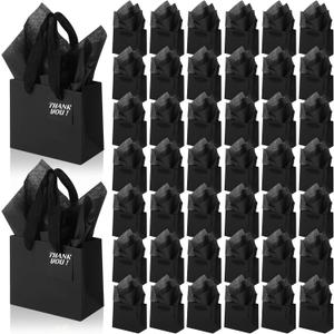 Zhanmai 100 Pcs 4.7 x 2.4 x 3.9 Inch Mini Gift Bags Bulk with Tissue Paper Kraft Paper Bag with Handle Gift Tag for Birthday Party, Halloween, Thanksgiving, Christmas, Wedding Showers (Black)
