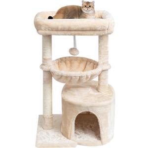 SYANDLVY Small Cat Tree for Indoor Cats, Kittens Condo with Scratching Post and Board, Modern Activity Tower with Cradle, Beige (29.6")