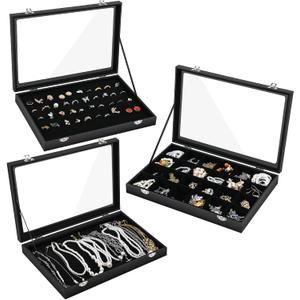 Sasylvia 3 Pcs Large Size Jewelry Display Box Glass Display Cases, Necklace Organizer Box, Earrings Ring Holder 13.8 x 9.5 x 2 Inches (Black)