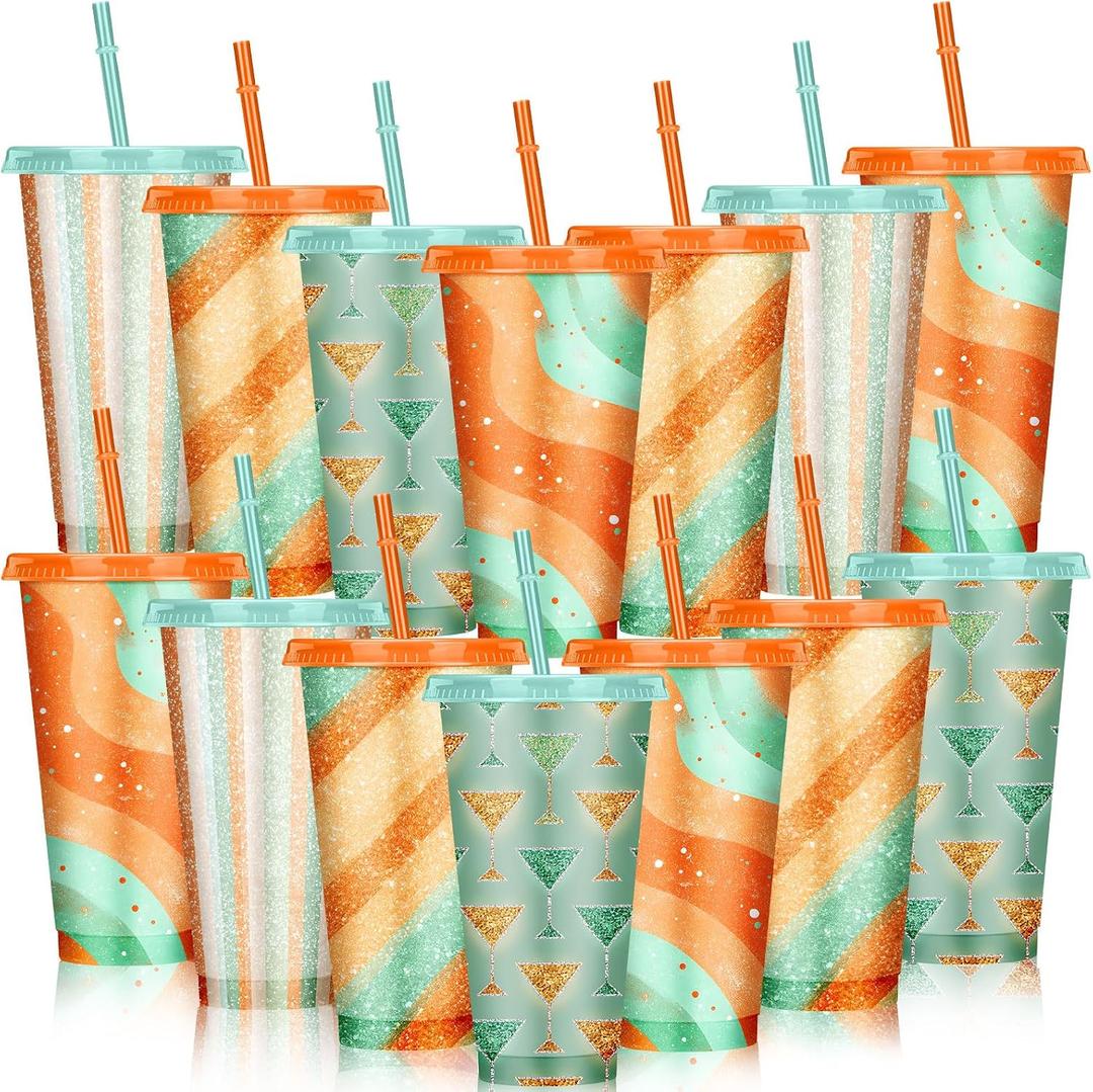 Pickmesh 12 Pcs 24oz Orange Green Show Themed Plastic Cup with Lid and Straw 6 Retro Glittery Design, the Life of a Birthday Decoration Reusable Tumbler for Bachelorette Birthday Party Supply