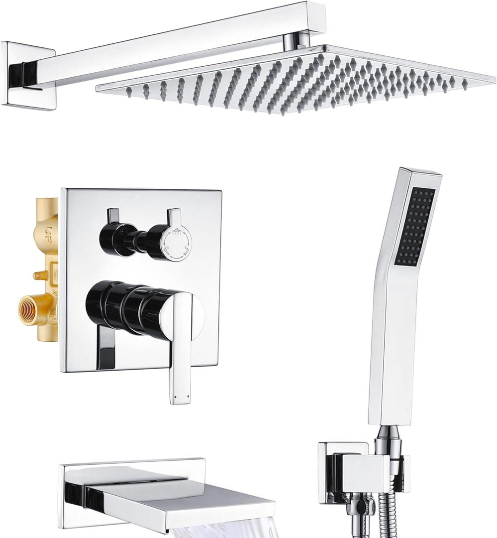 Shower System with Tub Spout, All Metal Bathtub Shower Faucet Set with High Pressure 10 Inch Rain Shower Head and Handheld Shower Head Set, Chrome (Valve Include)