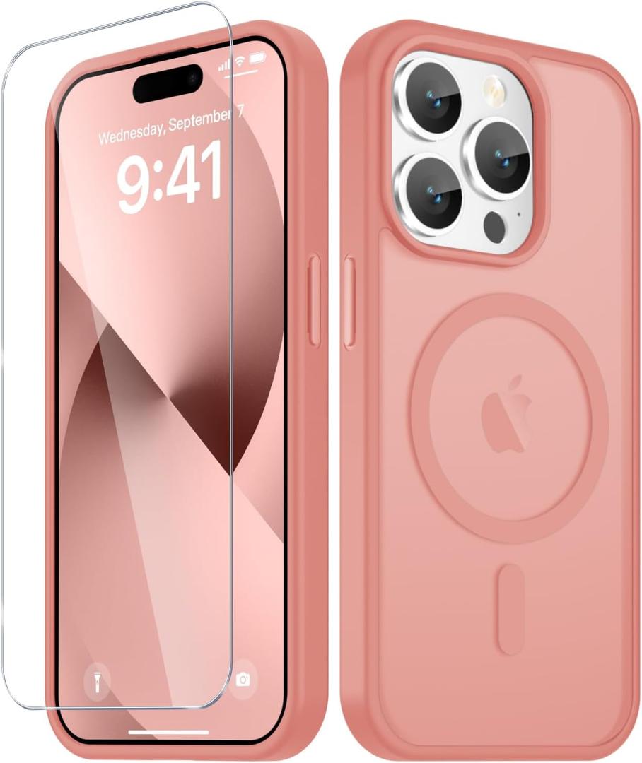 for iPhone 15 Pro Case, Matte Magnetic Phone Cover [with 1 Screen Protector] [Support for MagSafe] [Shockproof Military Grade Protection] Translucent Frosted Back, Pink