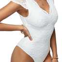 SweatyRocks Women's Contrast Lace Short Sleeve Bodysuit V Neck Slim Fit Elegant Jumpsuit Shirts White X-Small