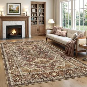 Rugland 9x12 Area Rug - Stain Resistant Washable Rug, Anti Slip Backing Rugs for Living Room, Vintage Tribal Area Rugs (TPR07-Rust, 9'x12')