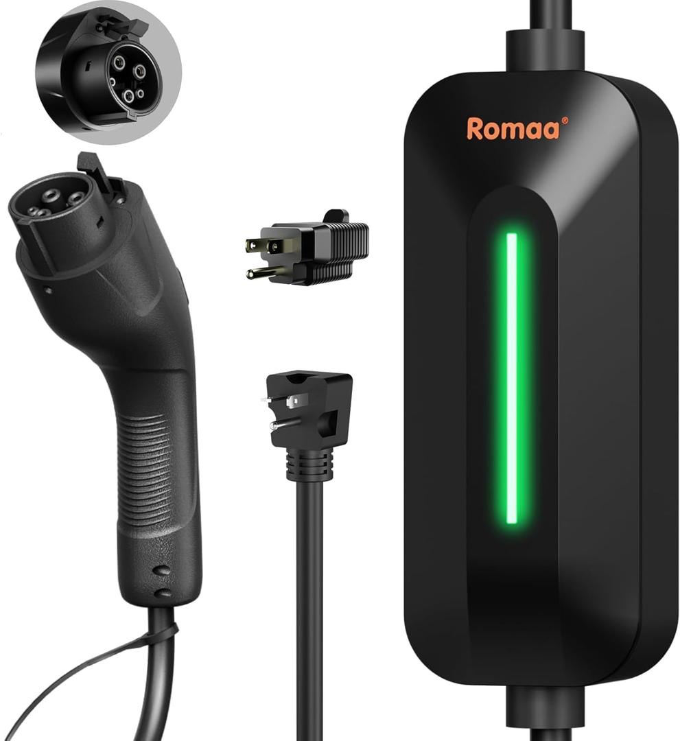 Romaa Portable EV Charger Level 1 and 2, 16A 3.8 kW J1772 Plug in Charger, 110V240V, NEMA 6-20, 25ft Charging Cord, PHEV Charging Cable for Home and Travel, Electric Car Charger, ETL & FCC Certified