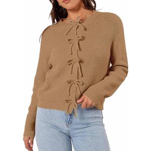 Women's Cardigan Sweaters Bow Button Down Cardigans Fall Fashion Clothes Knit Tie Open Front Coats (XL)