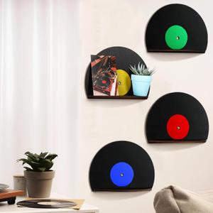 4 Pcs Vinyl Record Wall Decor Music Art Themed Wall Storage Shelf Blank Record Shaped Hanging Sign Aesthetic Music Theme Home Decoration for Room Bedroom Party Decor(Classic,Wooden)