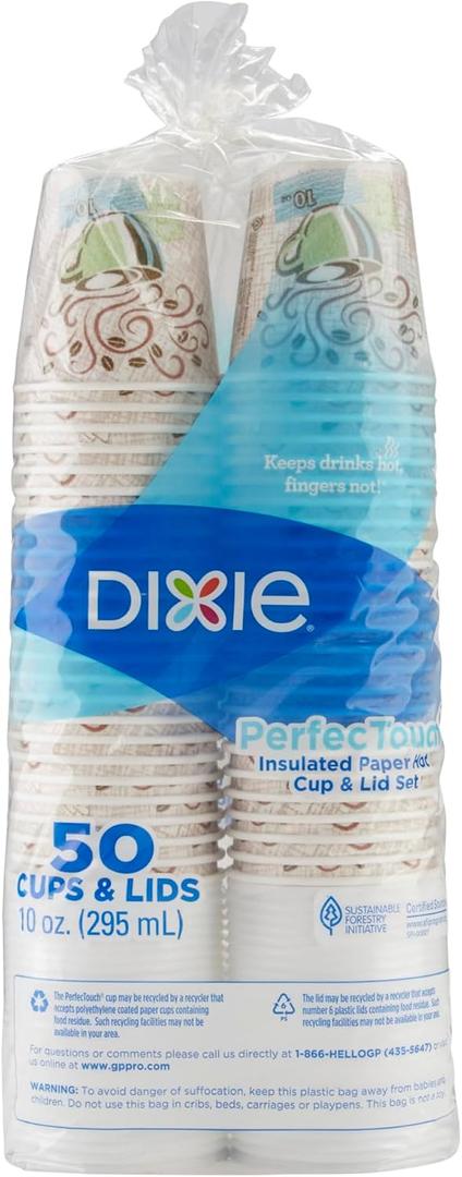 Dixie PerfecTouch Paper Hot Cups and Lids Combo, 10 oz, Multicolor, 50 Cups/Lids/Pack