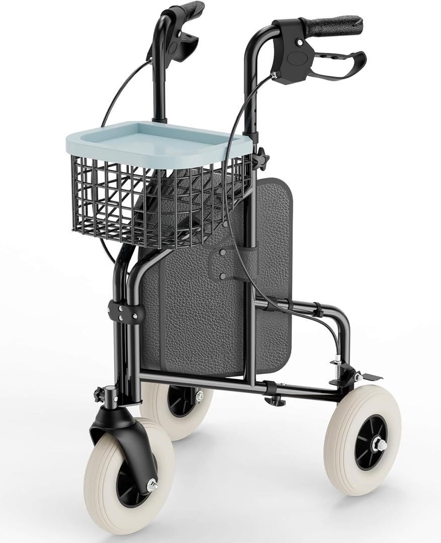 HOMLAND 3 Wheel Walkers for Seniors, FSA/ HSA Eligible Foldable Wheeled Rollator Walker with Wire Basket and Tray, Lightweight Three Wheel Rolling Walker Height Adjustable for Seniors