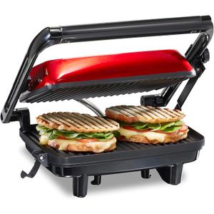 Hamilton Beach Panini Press Sandwich Maker & Electric Indoor Grill with Locking Lid, Opens 180 Degrees for any Thickness for Quesadillas, Burgers & More, Nonstick 8" x 10" Grids, Red (25462Z)