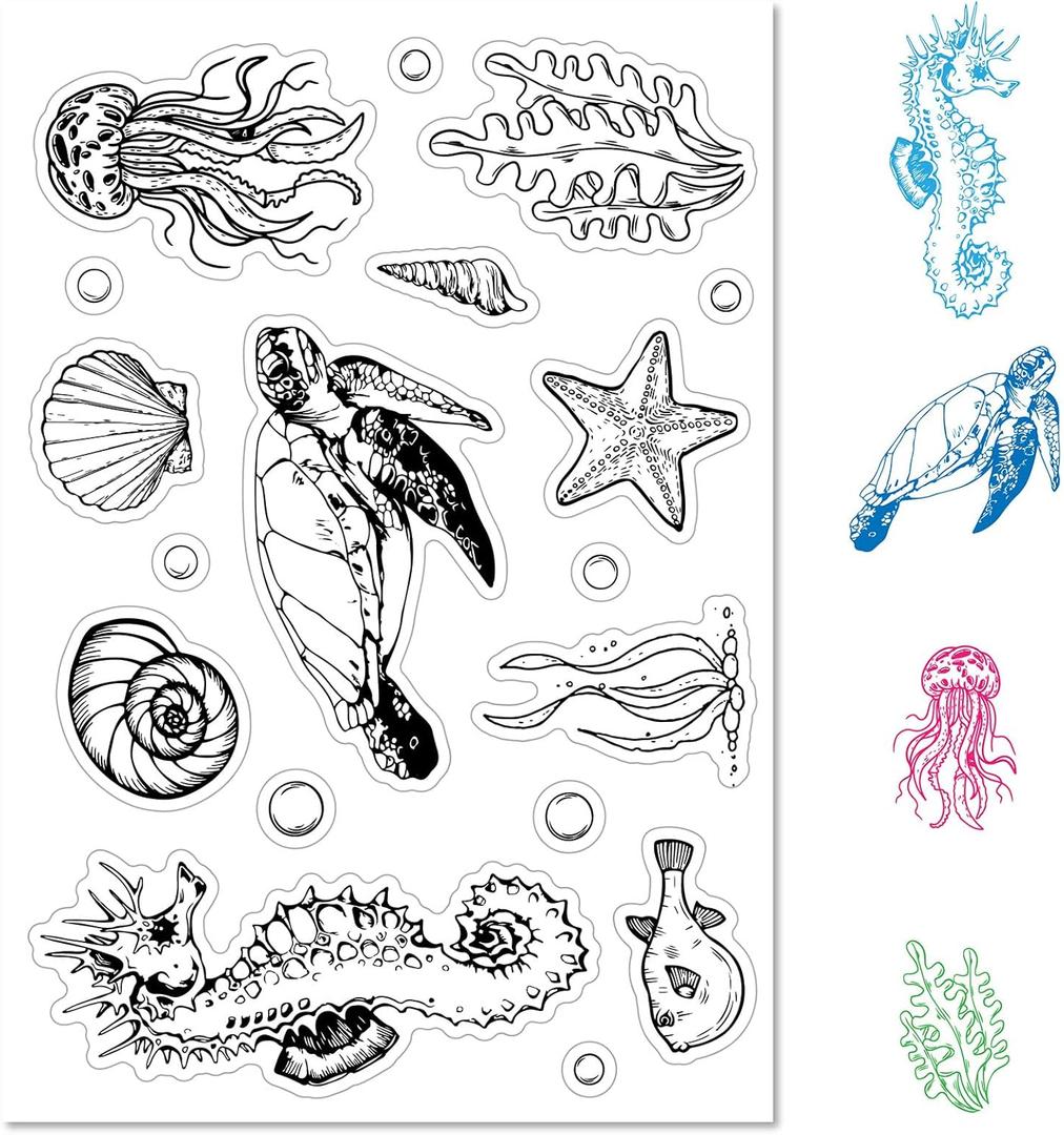 CRASPIRE Sea Animal Clear Rubber Stamp Ocean Turtle Marine Shell Starfish Seahorse Jellyfish Transparent Silicone Seals Stamp for Journaling Card Making Crafting DIY Scrapbooking Album Notebook Decor