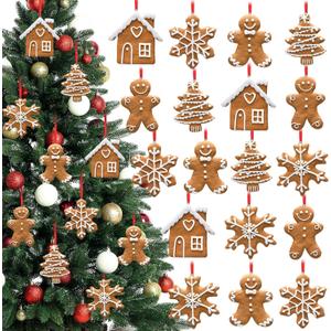 Cindeer 18 Pcs Christmas Gingerbread Ornaments Set 2.36" x 3.15" Gingerbread Man House Snowflake Tree with Strings Polymer Clay Xmas Hanging Ornament for Tree DIY Craft Decor(Caramel)