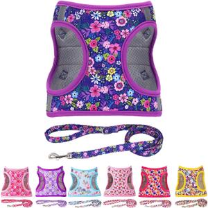 Moonpet Step in Dog Harness Leash Set- All Weather Reflective No-Pull Floral Pattern Padded Mesh Vest Harness for Cats Puppy Extra-Small Small Medium Large Dogs - Dark Flower - S (S:neck 15-18.1, chest 17.7-22.4)