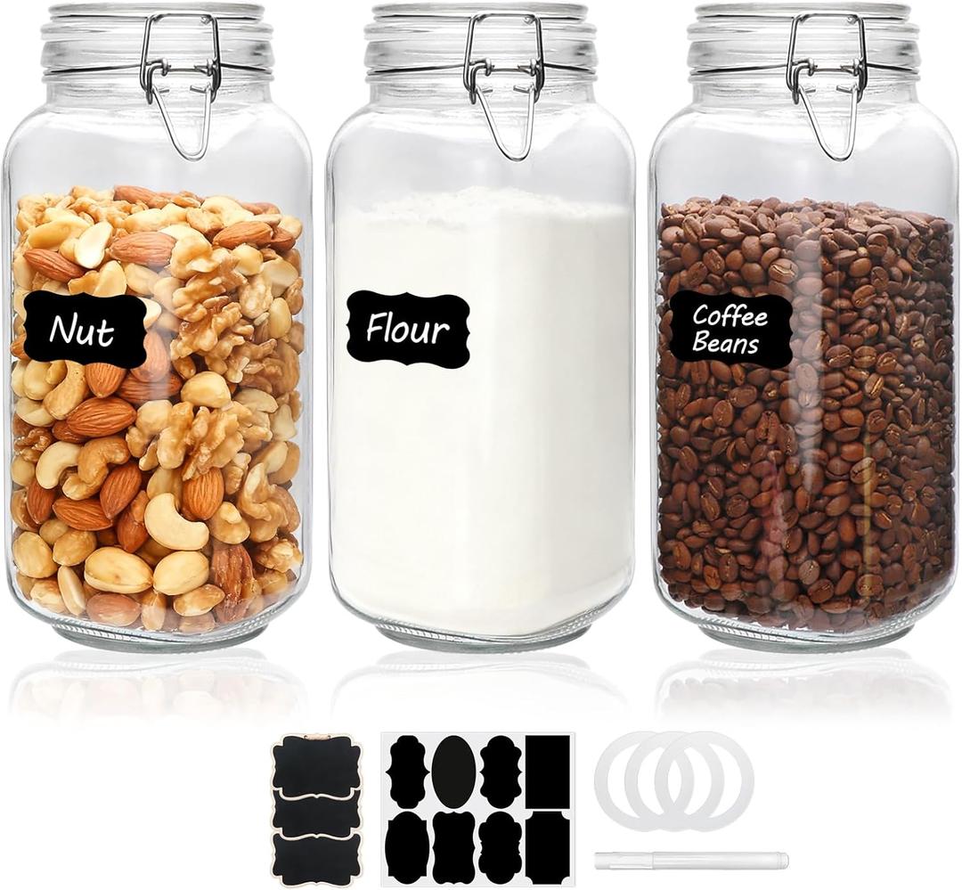 Flrolove 78oz Glass Storage Jars with Airtight Lids Set of 3, Pantry Storage Containers with Lids, Square Large Airtight Glass Jars, Perfect for Kitchen Canning Cereal, Pasta, Flour, Coffee Beans