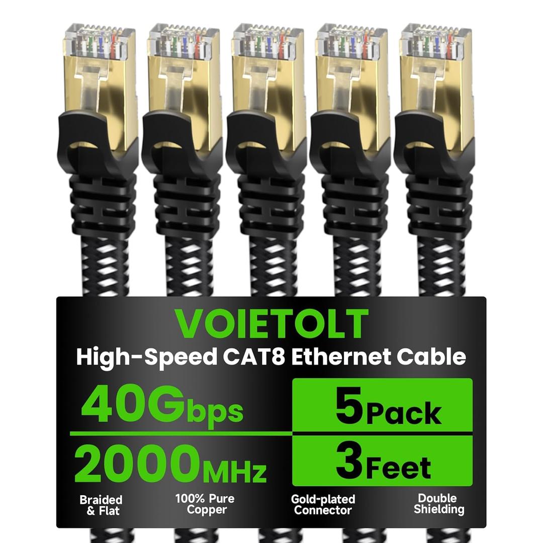 Cat 8 Ethernet Cable Flat 3 FT 5Pack, High Speed 40Gbps 2000Mhz Braided Internet Cable with Gold Plated RJ45 Network LAN Cable SSTP, Ethernet Cord Compatible for PS4/5, for Modems, PC/Laptop