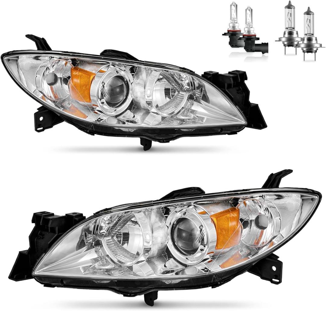 Headlights Assembly for 2004-2009 Mazda 3 Sedan Halogen Headlamp Replacement, High/Low Beam W/Bulbs, Driver&Passenger Side