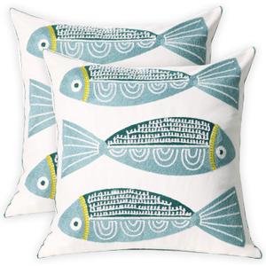 2 PCS Embroidered Throw Pillow Cover Cotton Decorative Square Cushion Cases for Home Sofa Bed and Chair 18 x 18 Inch (Blue Fish-2)