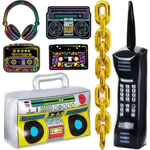 Zhanmai 26 Pieces 80s 90s Party Decorations Inflatable Boombox Radio Mobile Phone Gold Foil Chain Balloons 80s 90s Props Retro Cassette Headphones Player Cutouts for Hip Hop Party Supplies