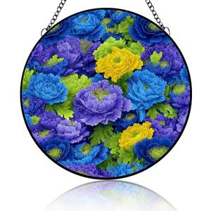 Stained Glass Suncatcher Flowers Handmade Window Hangings Colored Glass Suncatcher Crafts Kits for Indoor Garden Christmas Decoration Home Decor for Women Wife 6.3 in (Blue Purple Yellow Flowers)