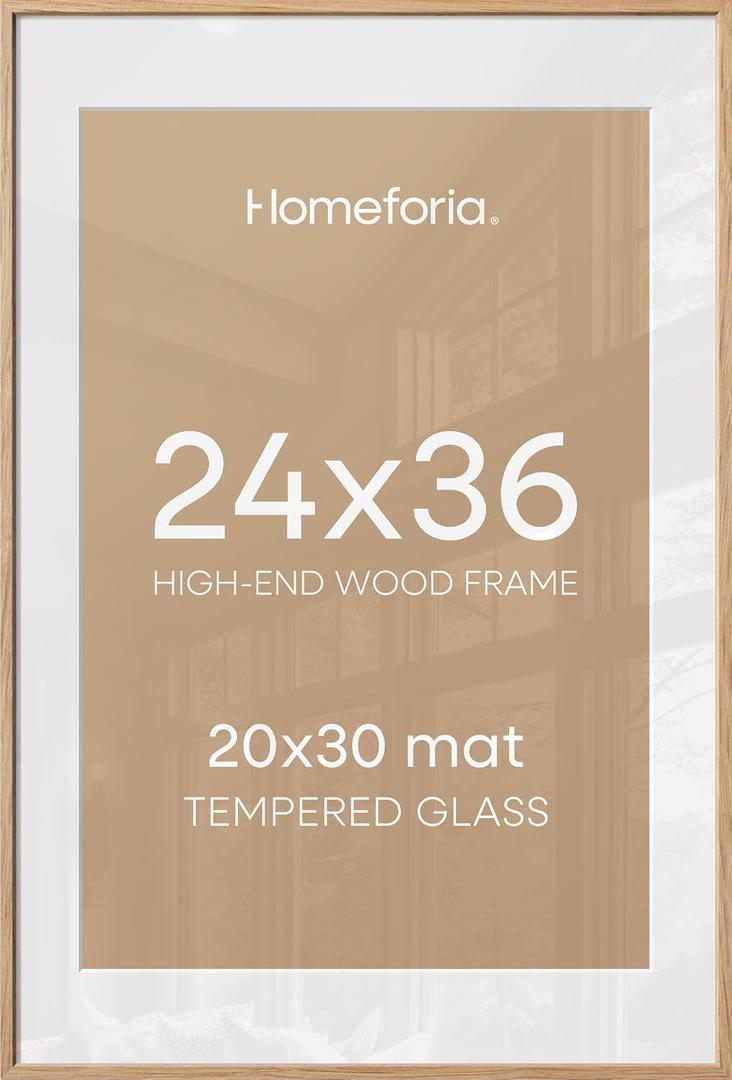 Homeforia 24x36 Natural Oak Poster Frame, High-End Wood, 20x30 Mat, Glass