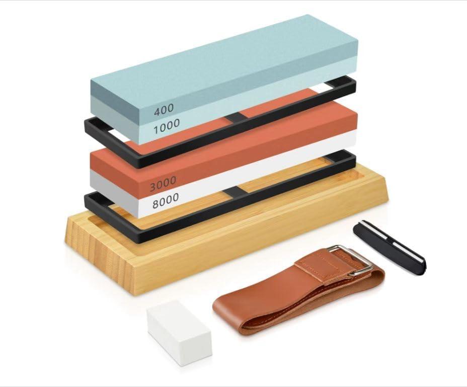 Knife Sharpening Stone set 4side Whetstone 400/1000 3000/8000 knife sharpener with Non-slip Base, Leather Strop, Flattening Stone Knife holder