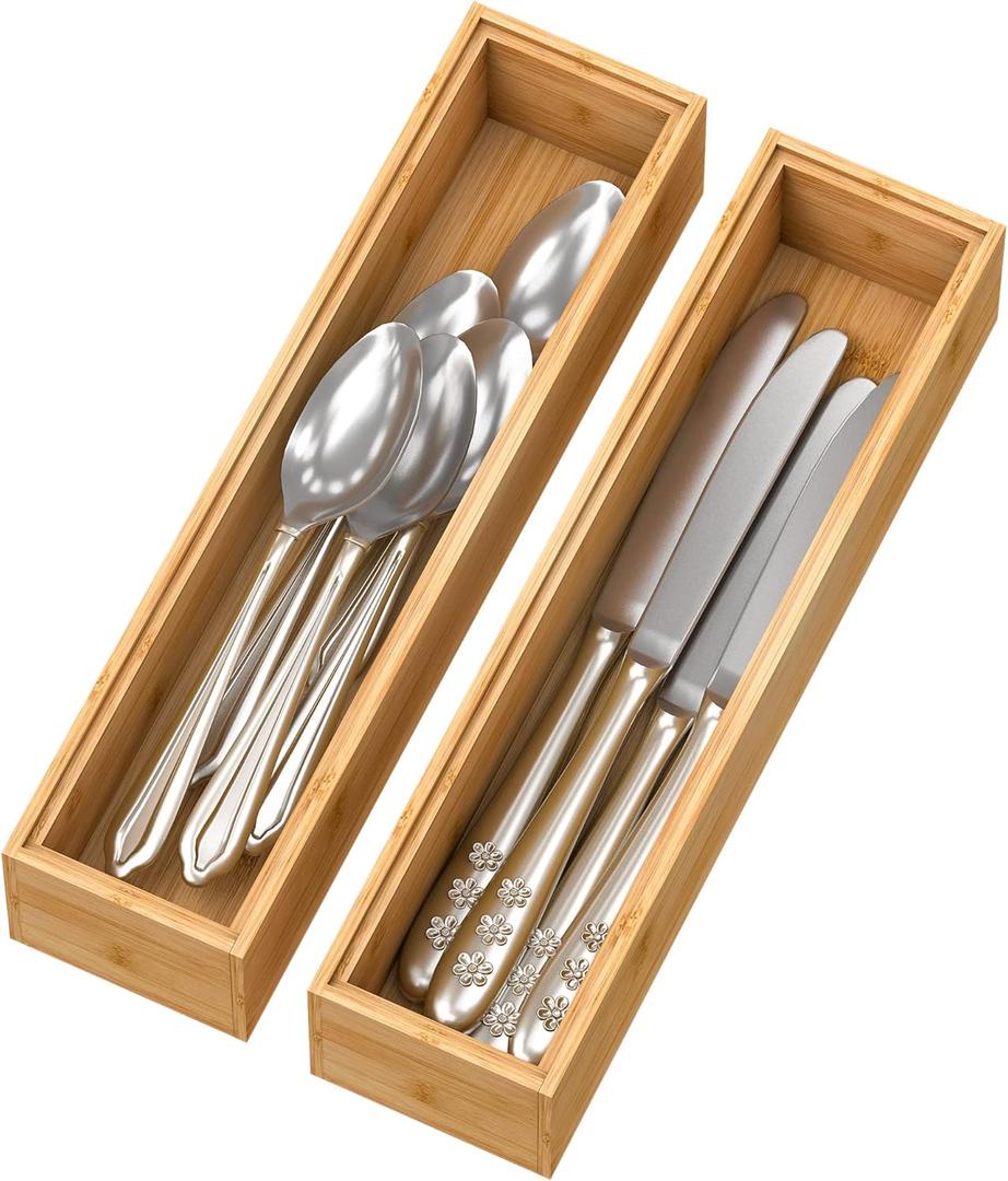 Bamboo Drawer Organizer Storage Box Kitchen - Wood Stackable Tray Set of 2 (12x3x2 inch