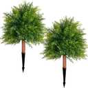 28" Artificial Cedar Topiary Ball Trees, 2 Pack Fake Plants with UV Resistant Evergreen Texture, Durable Ground Spikes Faux Shrubs Bushes Artificial Plants for Outdoor Indoor Front Porch Garden Decor