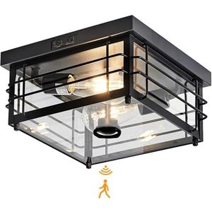 Yisuro Outdoor Ceiling Light with Motion Sensor Flush Mount Farm House Porch Light Ceiling Mount Adjustable 3 Modes Squares for Patio,Porch,Garage (Black-Square)