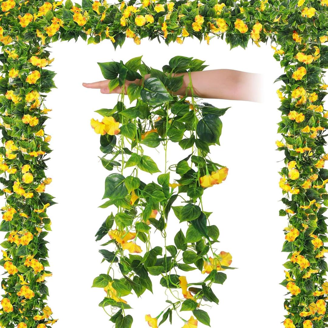 Hotop 6 Pcs 7.55 Ft Artificial Morning Silk Glory Vines for Outdoor Fake Hanging Flowers Plants Faux Silk Morning Glory Flower Garland Long Vines for Wall Fence Indoor Wedding Banquet Decor(Yellow)