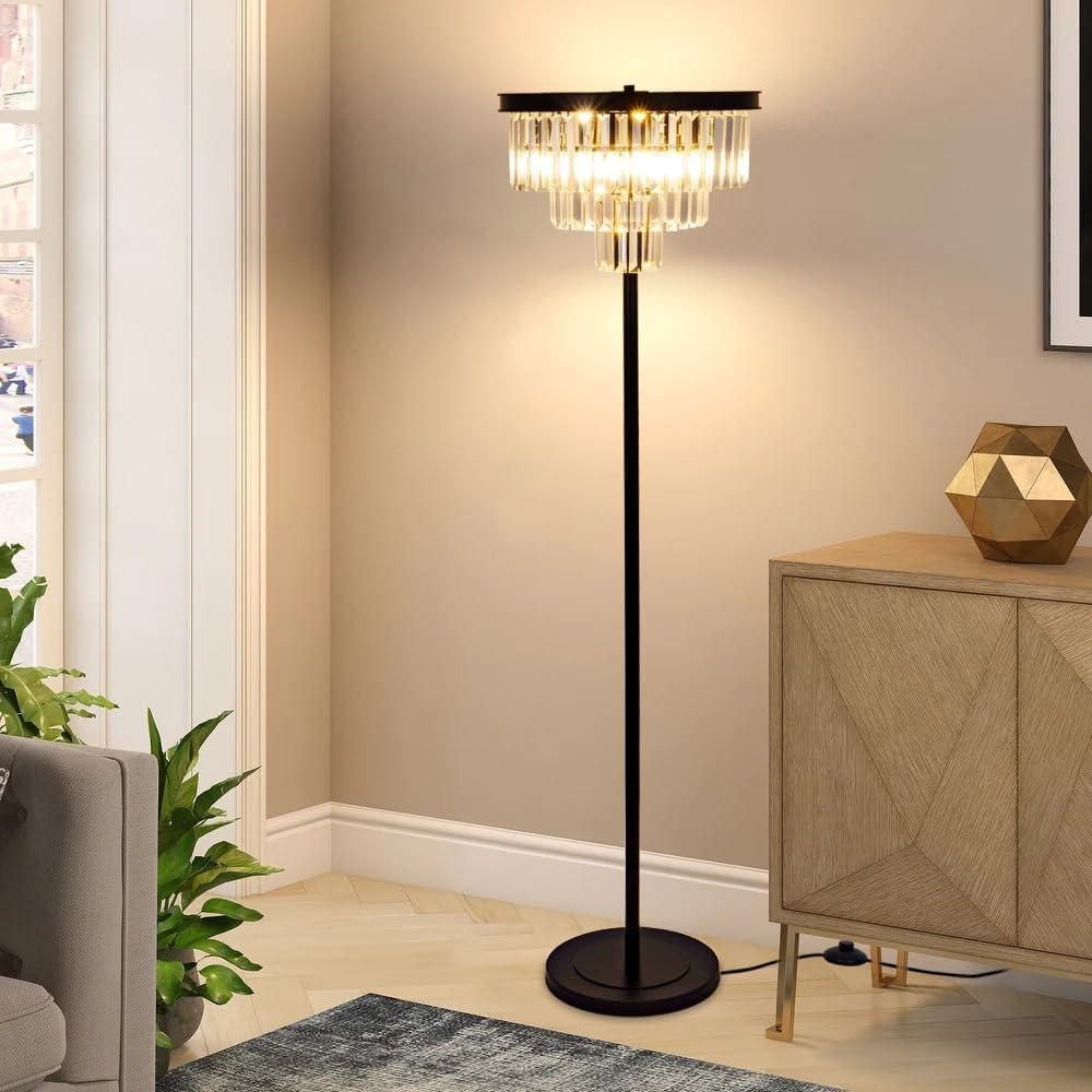 Wellmet 4 Lights Black Floor Lamp, Modern 3 Tiers Crystal Standing Lamp for Living Room Bright Lighting, Elegant Tall Crystal Floor Lamp with Foot Switch for Reading Room, Bedroom, Office (E12 Base)