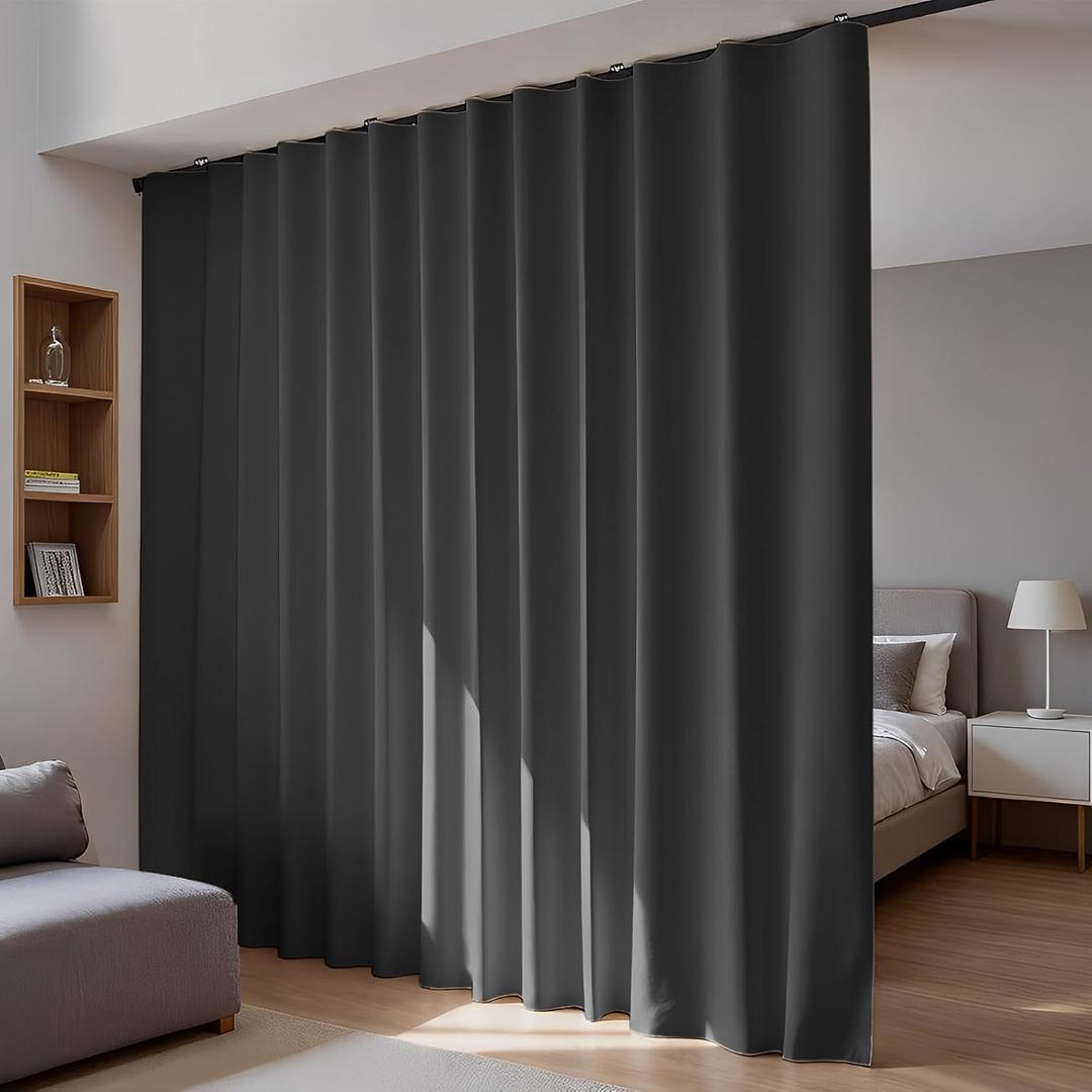 Room Divider Blackout Curtains Flexible Sliding Tracks Sets Ceiling Mounted Rod Window Curtain Privacy Separation for Bedroom Living Rooms,1 Panel Black Drape and Black Track Set-W108xH108 in