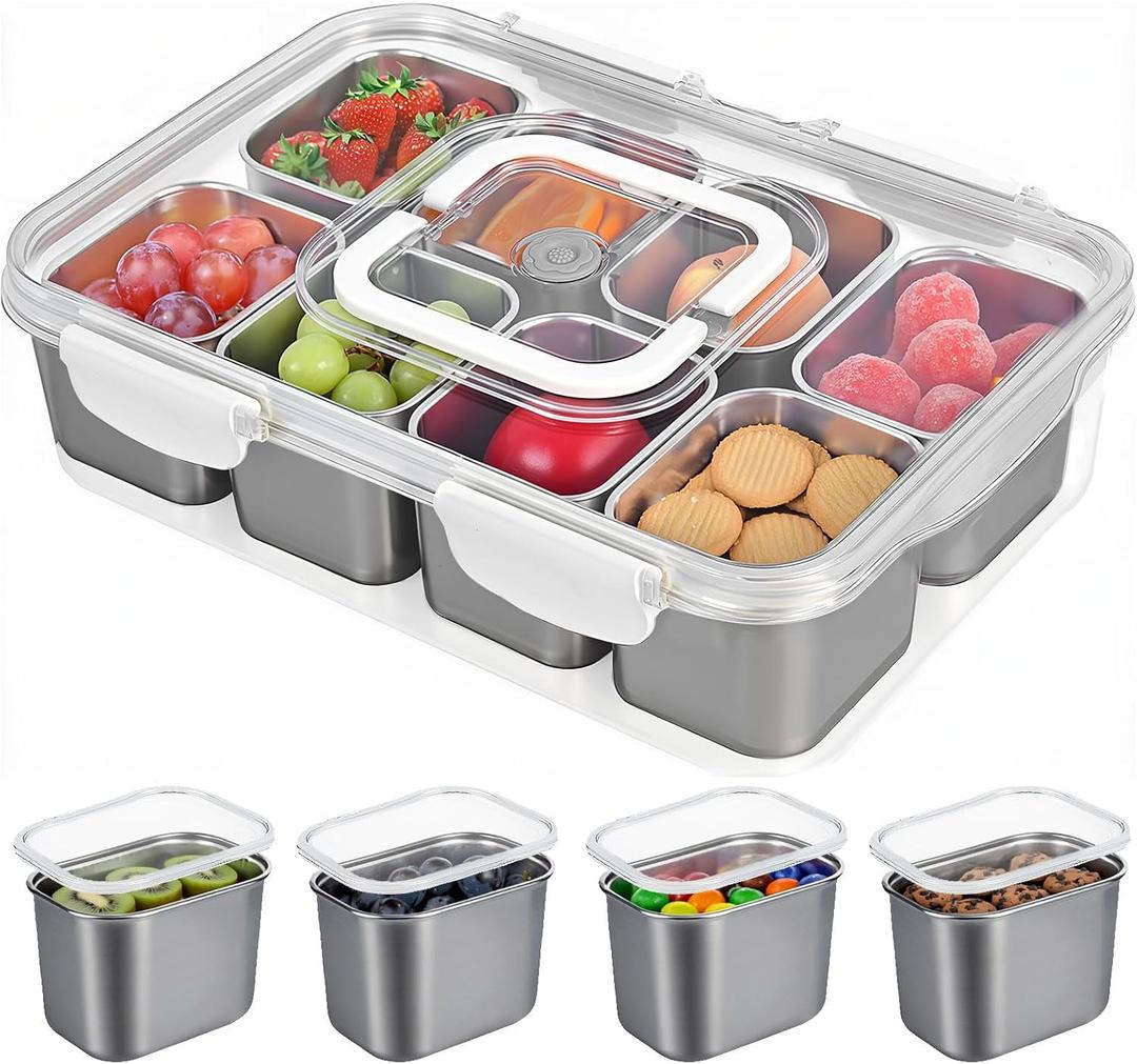 Snackle Box Container, 304 Stainless Steel Snack Containers, Snacklebox, Divided Serving Tray with Lid and Handle, Portable Snack Tray for Beach, Road Trip, Picnic, Boat Days, Ball Games and Pool (Silver Gray)