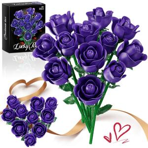 12 Purple Rose Bouquet Building Set for Adults Women Wife, Artificial Flowers - Building Blocks, Botanical Collection Gift for Valentine's Day & Mother's Day Home Decoration
