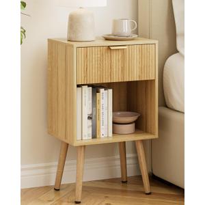 Fluted Nightstand, Modern Bedside Table with Storage Drawer, Wood Night Stand Side End Table for Bedroom, Living Room, Office (Oak)