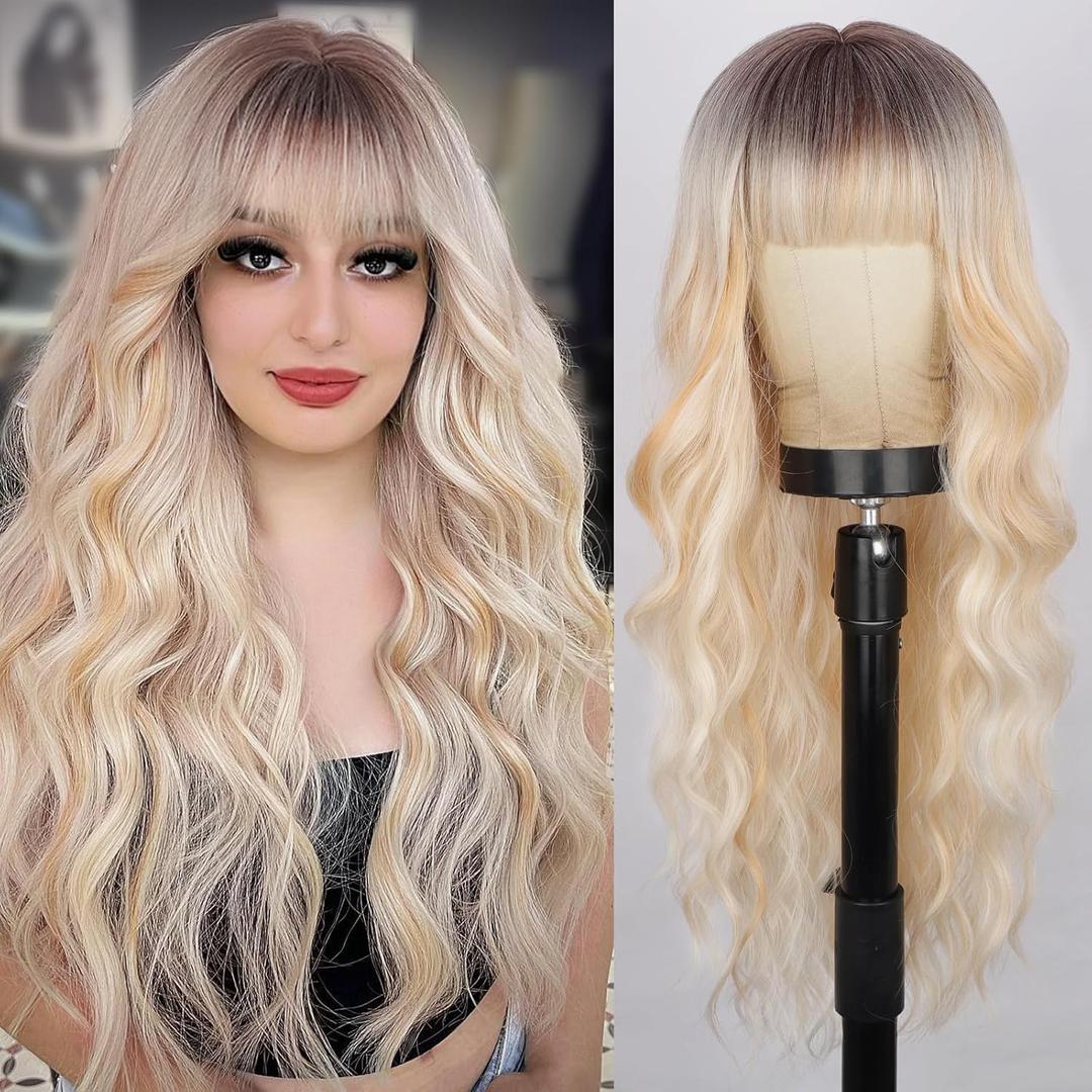 Lativ Blonde Wig With Bangs Long Ombre Blonde Wig with Dark Roots for Women Wavy Curly Heat Resistant Synthetic Fiber Wigs for Daily Party Use 26 Inches