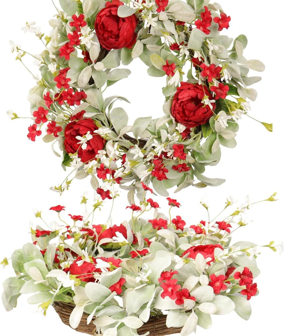 20 Inch Red Peony Wreath for Front Door, Romantic Lambs Ear Greenery with White Flowers, Elegant Wedding Decor, Spring Summer Artificial Floral Wall Accent