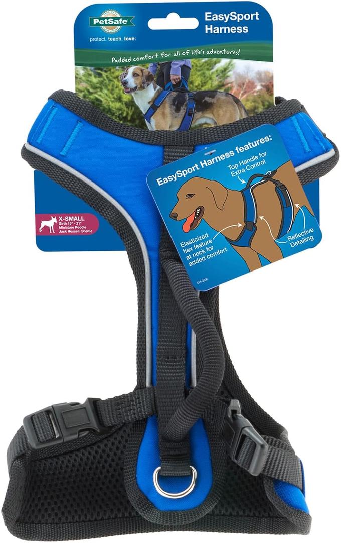 PetSafe EasySport Harness - Durable Padded Fabric, Adjustable Elastic Neckline, Rear-Leash Attachment & Nighttime Reflective Visibility - No Choke or Gag Secure Fit - Extra-Small - Blue