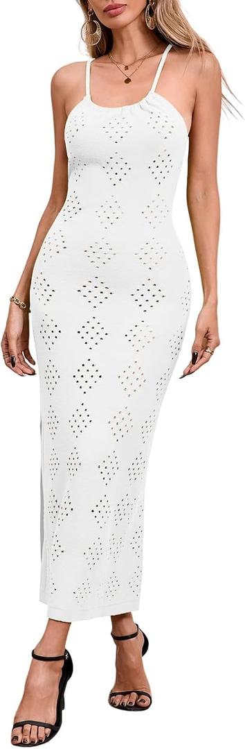 Fisoew Womens Crochet Swimsuit Cover Up Sleeveless Halter Neck Sexy Bodycon Backless Summer Knit Beach Vacation Maxi Dress, S