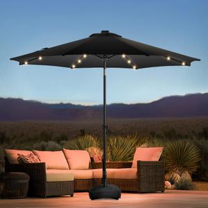 wikiwiki 9FT Solar Led Patio Umbrella with Base, Sturdy Outdoor Market Umbrella for Deck, Pool, Garden w/Tilt, Crank, 32 LED Lights, Black