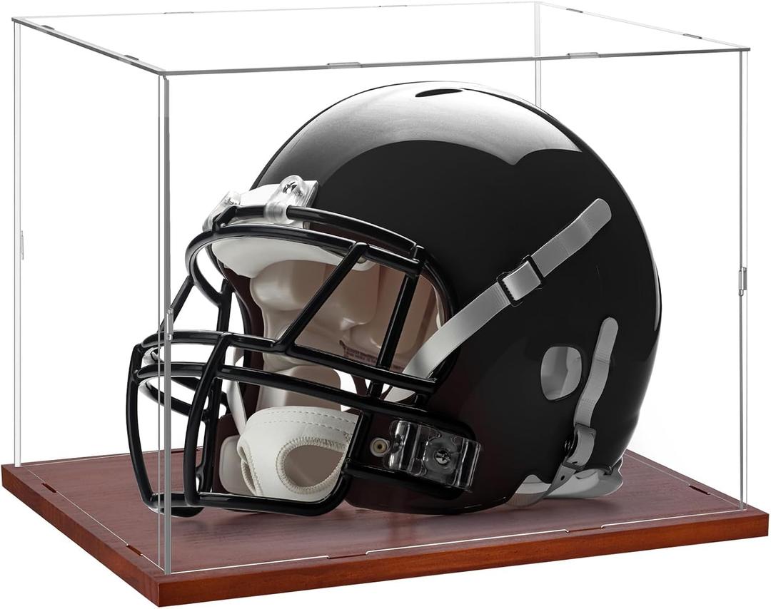 Full Size Football Helmet Display Case - 15.41111.8in Interior, 100% Wooden Base, Compatible with Baseball/Motorcycle/Racing Helmets, High-Transparency Acrylic with UV Protection