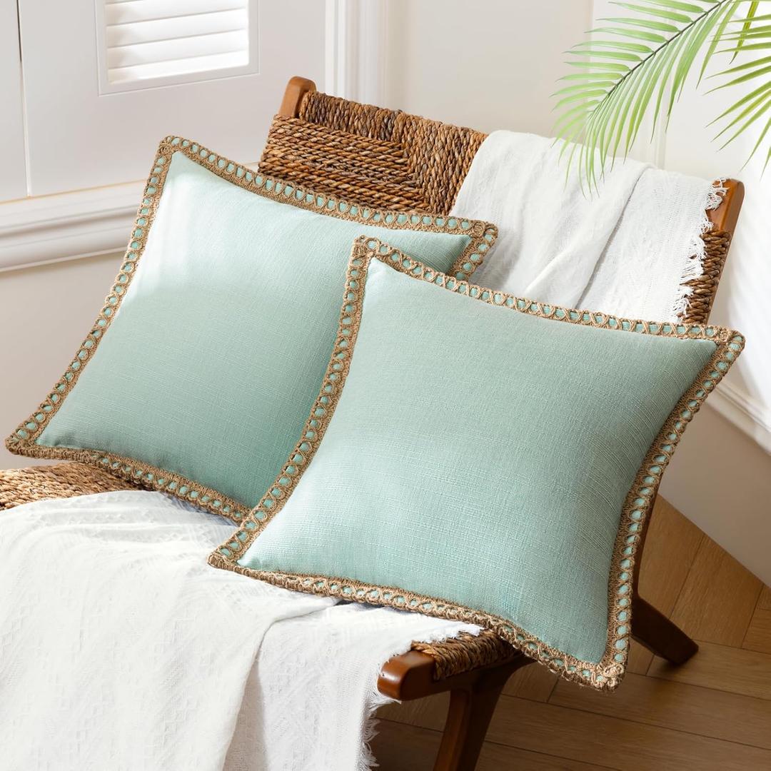 Phantoscope Pack of 2 Farmhouse Decorative Solid Throw Decorative Pillow Cover Burlap Linen Trimmed Tailored Edges Light Turquoise 24 x 24 inches, 60 x 60 cm