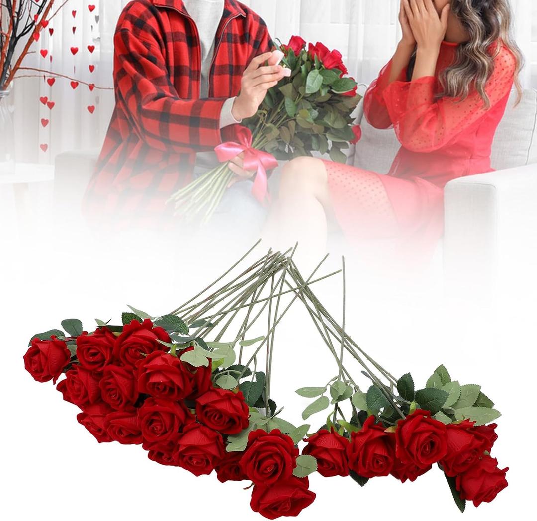 Gazaar Artificial Roses Long Stem 50pcs Fake Roses for DIY Wedding Bouquets Centerpieces Home Decorations (Red)