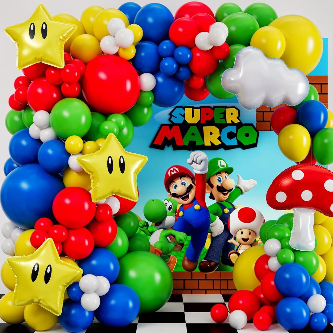 ALL-IN-1 Super Adventure Balloon Arch Kit with BONUS Mushroom, Cloud & Star Balloons for Bros Party Decorations - Red Blue Green Yellow Balloons for Video Game Birthday Decoration & Party Supplies