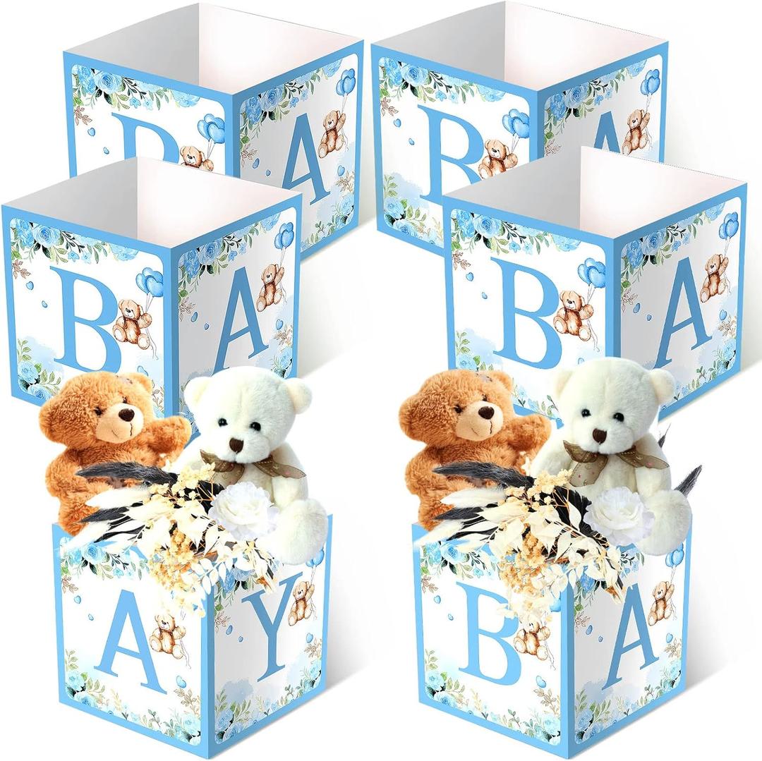 Bucherry 6 Pcs Baby Shower Party Decorations Baby Flower Boxes Centerpiece Rustic Table Display with Letters Gender Reveal Party Favor Block Holder(Blue,Blue Bear)