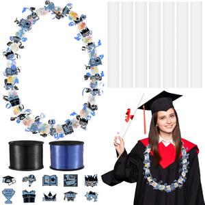 Teling 60 Set Graduation Candy Lei Making Kit Includes 60 Pcs Hawaiian Candy Lei Tubing 2 Rolls Ribbons 600 Pcs Paper Cut for Graduation Party Gift(Black, Blue)