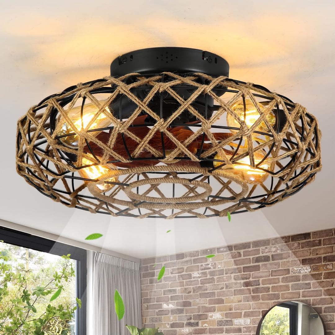 20''Rustic Hemp Rope Caged Ceiling Fans with Lights and Remote Hand-Woven Rattan Flush Mount Ceiling Fan with Light Farmhouse Boho Include Bulbs 6 Speeds Reversible for Bedroom, Kitchen Island
