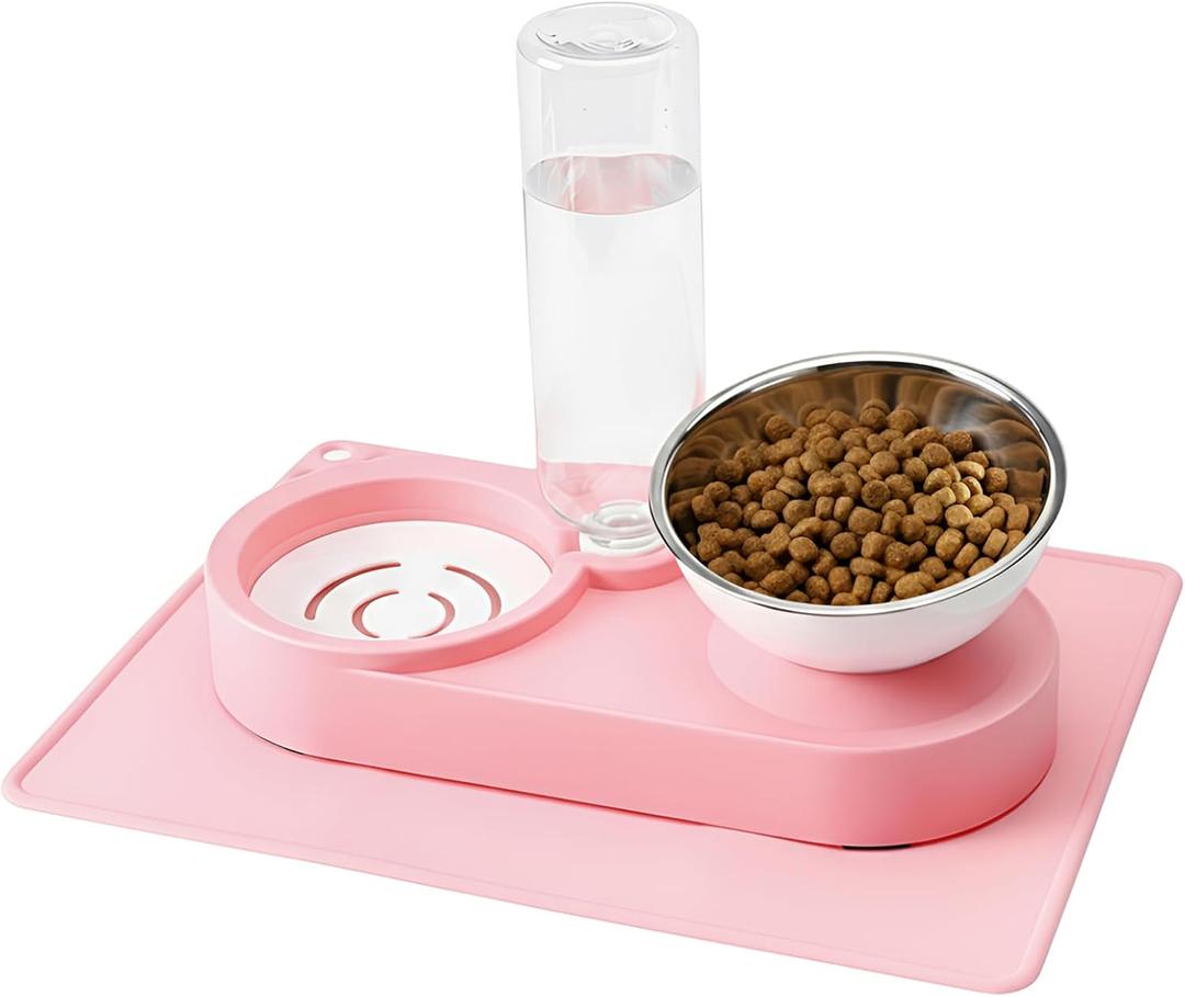 Double Elevated Dog Cat Food Water Bowls, Stainless Steel Cat Food Water Bowl with No-Spill Mat, Raised Tilted Dishes for Indoor Kitten, Puppies, Small or Medium Size Dogs Cats, Pink