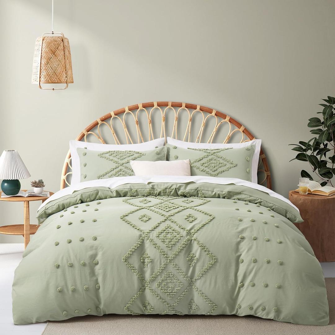 Oli Anderson Tufted Duvet Cover King Size, Soft and Lightweight Duvet Covers Set for All Seasons, 3 Pieces Boho Embroidery Shabby Chic Bedding Set (Mist Sage, King, 104"x90")